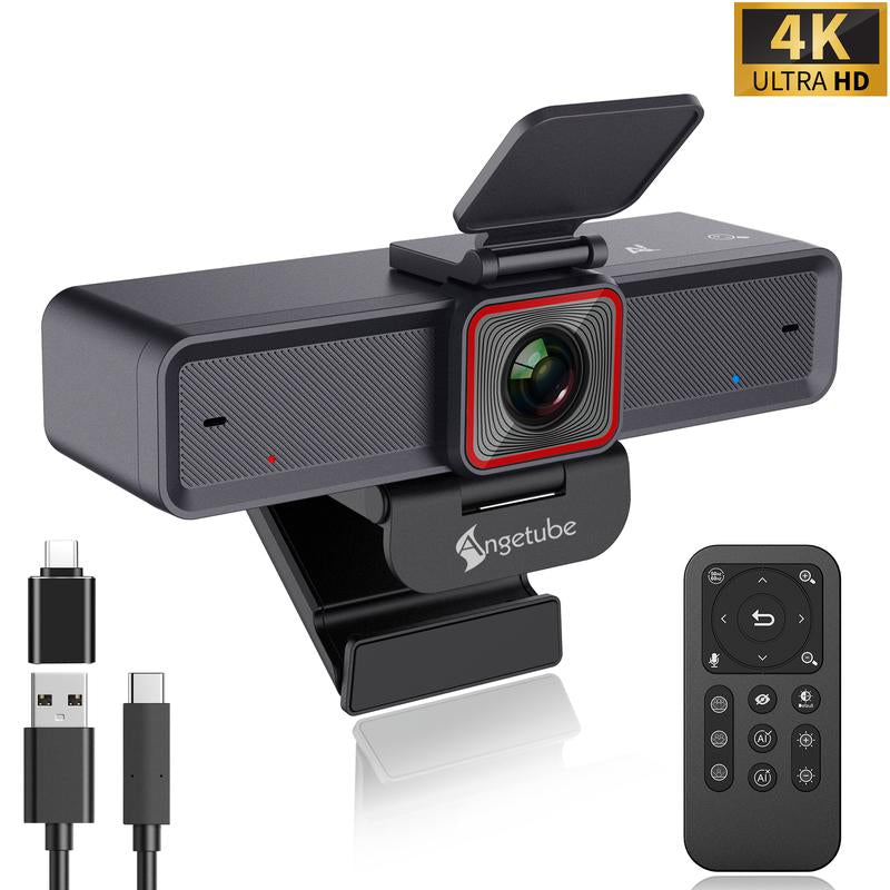 Angetube 4K AI Tracking Webcam | 10X Digital Zoom | 1080P 60Fps | Remote Control | Dual Noise Cancelling Mics | Ideal for Video Calls, Meetings